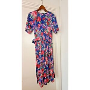 Vtg 80s LG TALBOTS SARA CAMPBELL Floral Belted Midi Teacher Cottage Core Dress‎